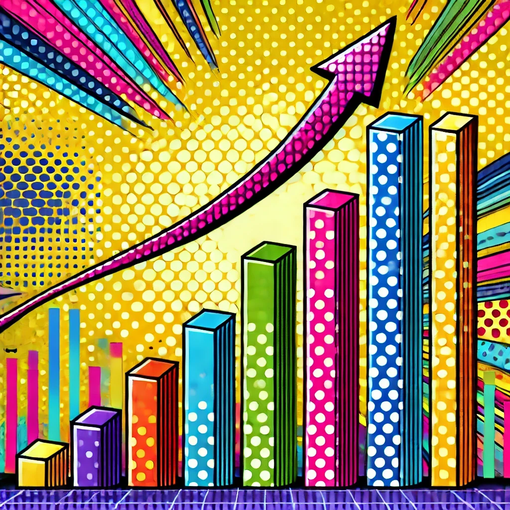A pop art style image of a bar chart trending upward.