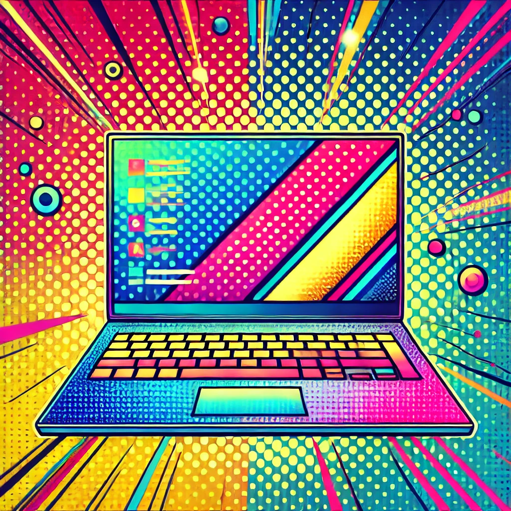 A pop art style image of a laptop with a colorful design.