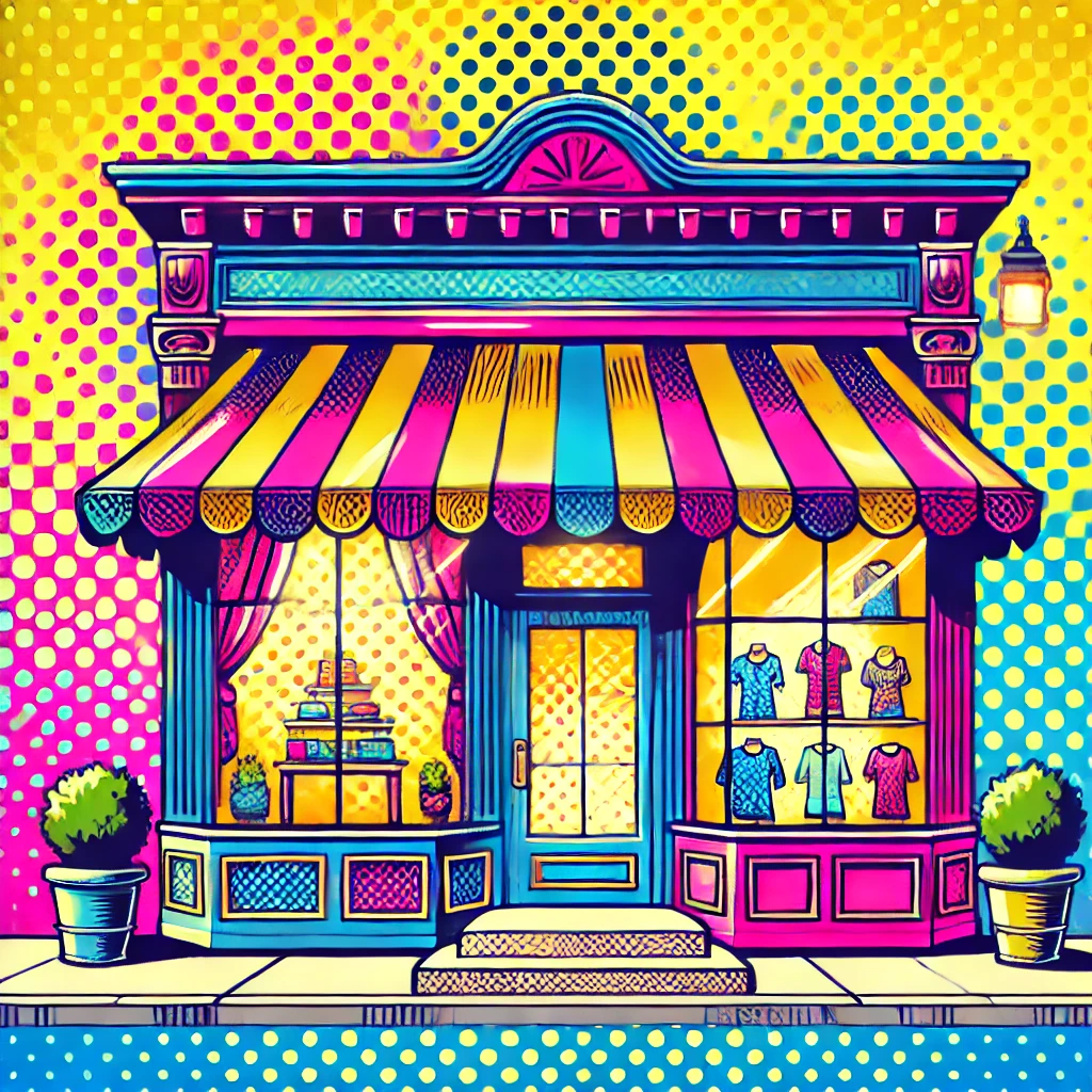 A pop art style image of a storefront with a charming awning, large front windows, and a welcoming door.