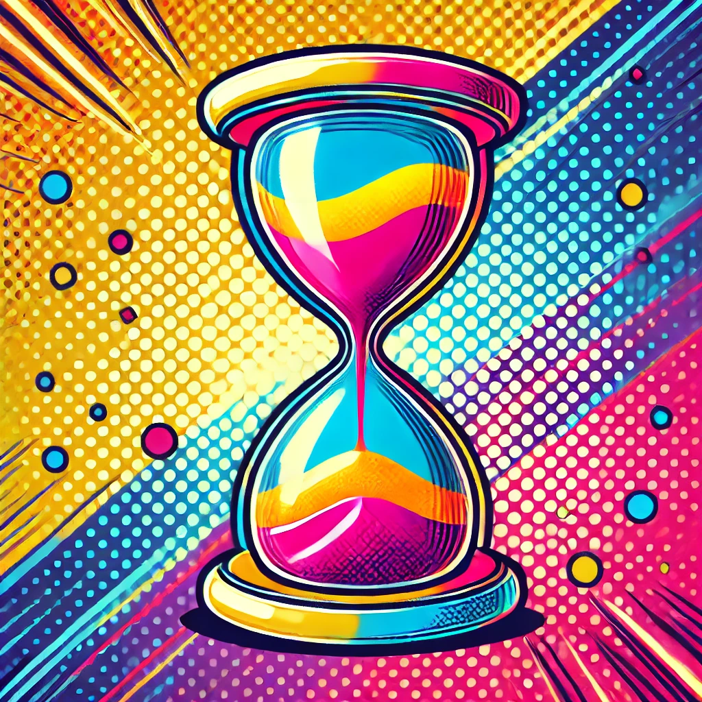 A pop art style image of an hourglass with a sleek and bold design.