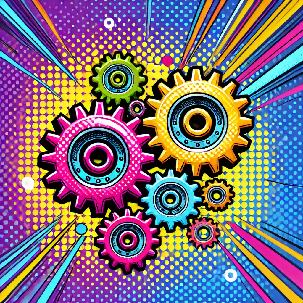 A pop art style image of interlocking gears in motion.
