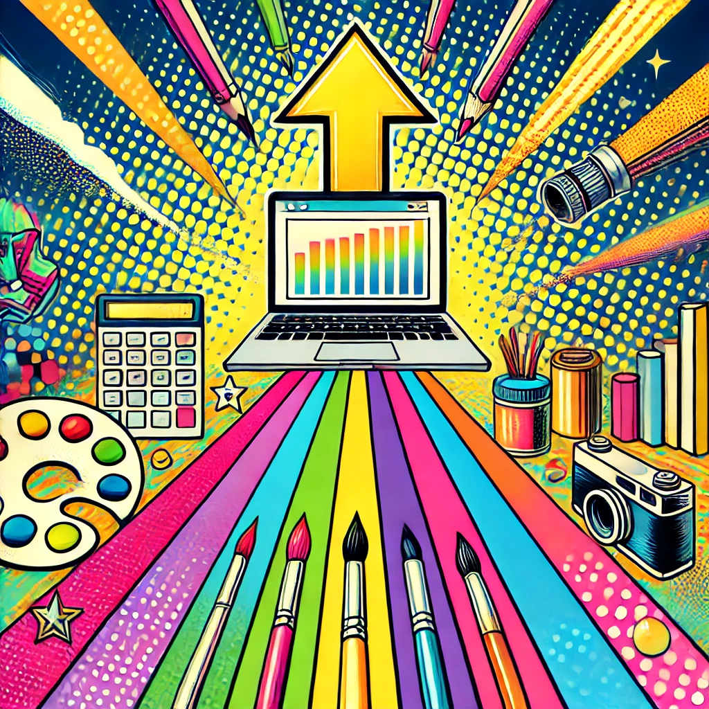 A vibrant pop art style image depicting a pathway or upward arrow leading to a laptop displaying an abstract accounting dashboard.