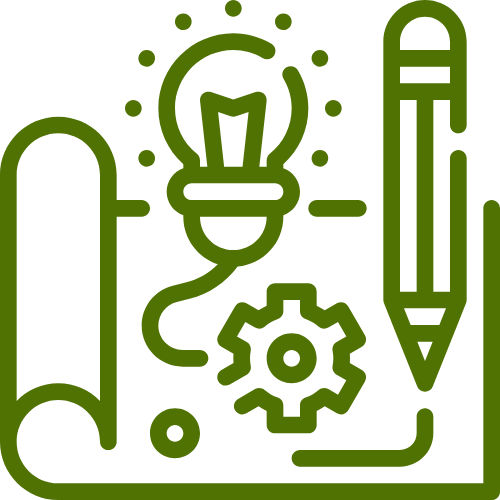 Cogs, lightbulb and pencil on paper icon in rich green