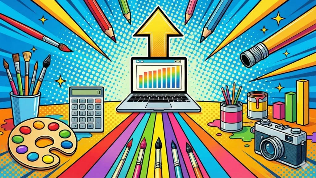 A vibrant pop art illustration serving as the WordPress cover image for the "Get Geeking" course. It features a laptop displaying a rising bar chart with a large upward-pointing yellow arrow, symbolizing growth. The laptop sits at the end of a rainbow path surrounded by creative and business tools, including a calculator, paint palette, brushes, a vintage camera, and paint cans, all rendered in a comic book style with halftone dots and bold colors.