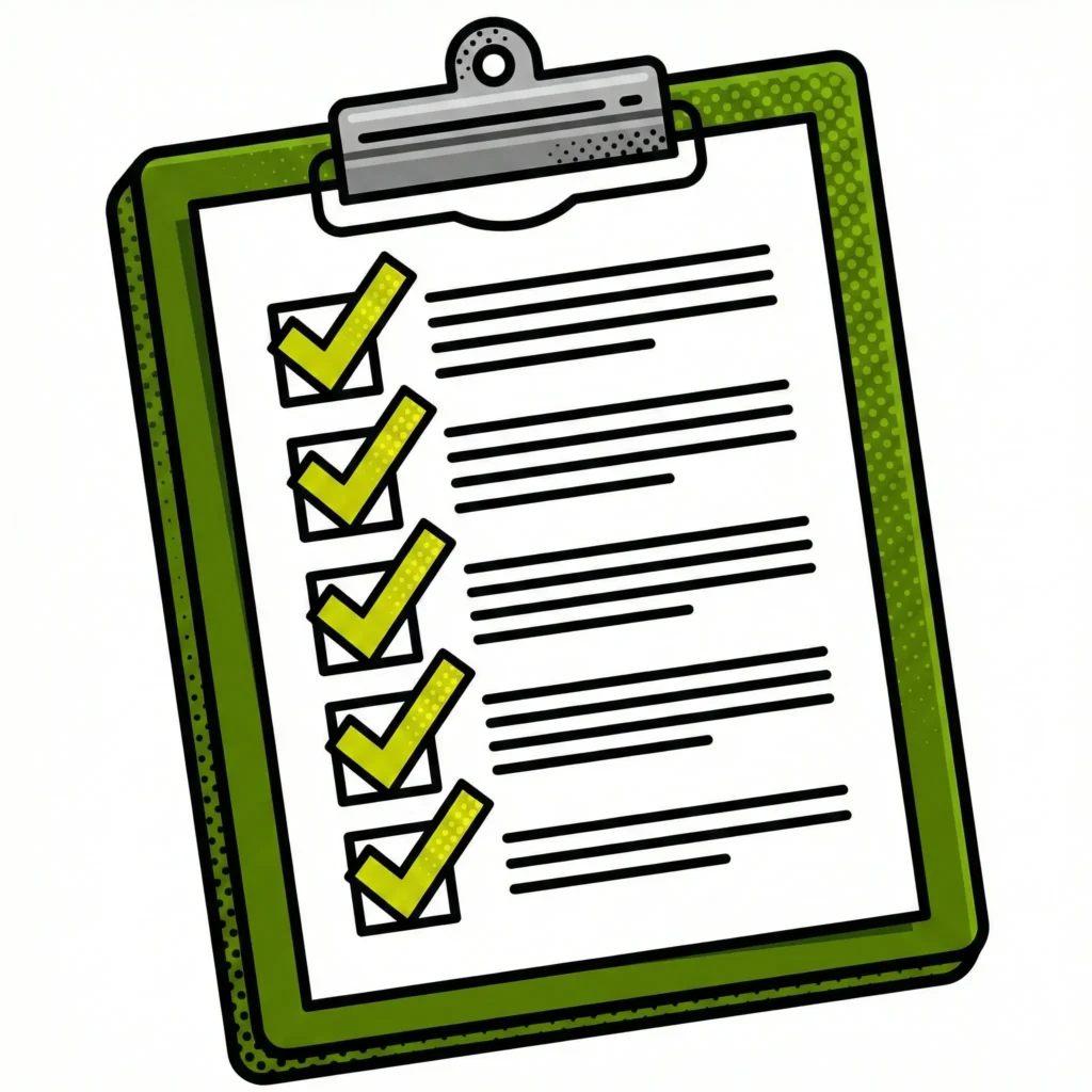 A pop art illustration of a green clipboard displaying the Bookgeeking Accounting Software Readiness Checklist, with several boxes marked by lime green ticks.